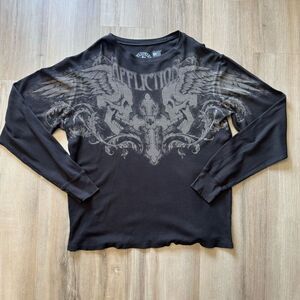 Affliction Size 2XL Long Sleeve Wing Graphic Thermal Dark Brown Y2K Skull Grunge